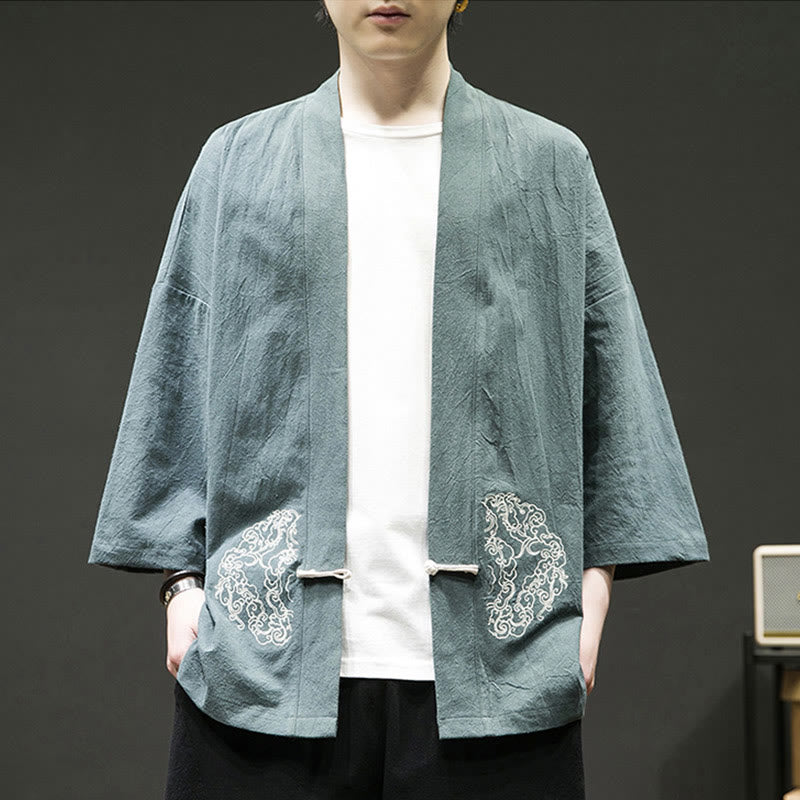 Veste kimono en coton à manches longues pour homme, motif Buddha Stones, nuages ​​de bon augure, ouvert sur le devant - image 1