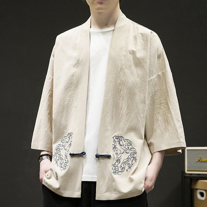 Veste kimono en coton à manches longues pour homme, motif Buddha Stones, nuages ​​de bon augure, ouvert sur le devant - image 3
