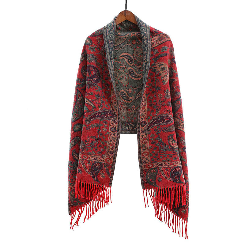 Écharpe douce à pompons avec motifs de fleurs et de cachemire brodés ethniques Buddha Stones - Rouge - image 17