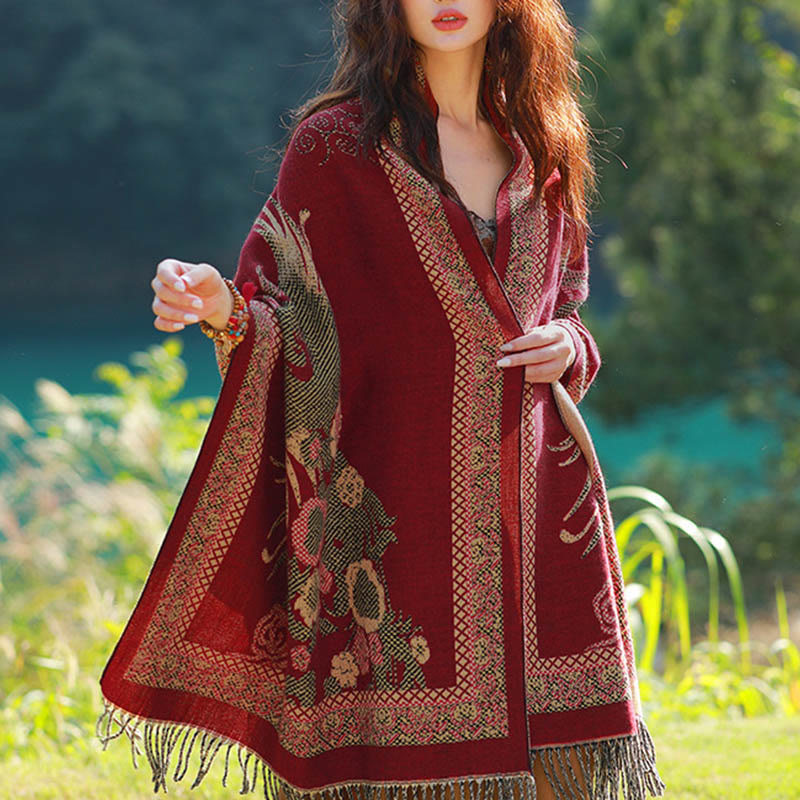 Écharpe thermique douce à pompons en jacquard motif cachemire Buddha Stones et plantes - Vignes rouge foncé Oiseau Floral - 70-190 cm - image 46