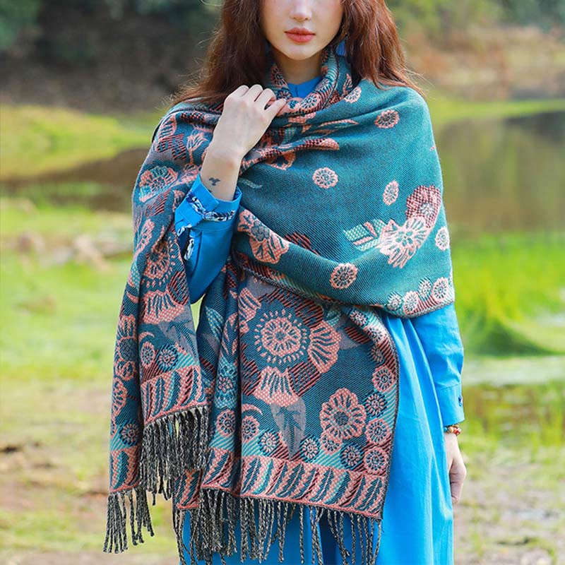 Écharpe thermique douce à pompons en jacquard motif cachemire Buddha Stones et plantes - Vert clair floral - 70-190 cm - image 19