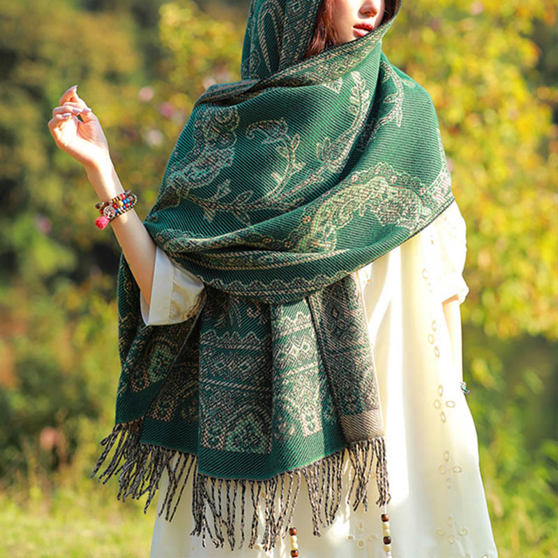 Écharpe thermique douce à pompons en jacquard motif cachemire Buddha Stones et plantes - Vignes vert mer moyen - 70-190 cm - image 0