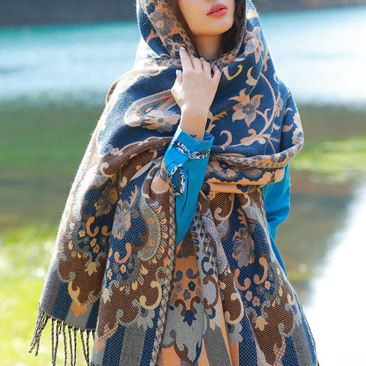 Écharpe thermique douce à pompons en jacquard motif cachemire Buddha Stones et plantes - SteelBlue Vines Floral - 70-190 cm - image 7