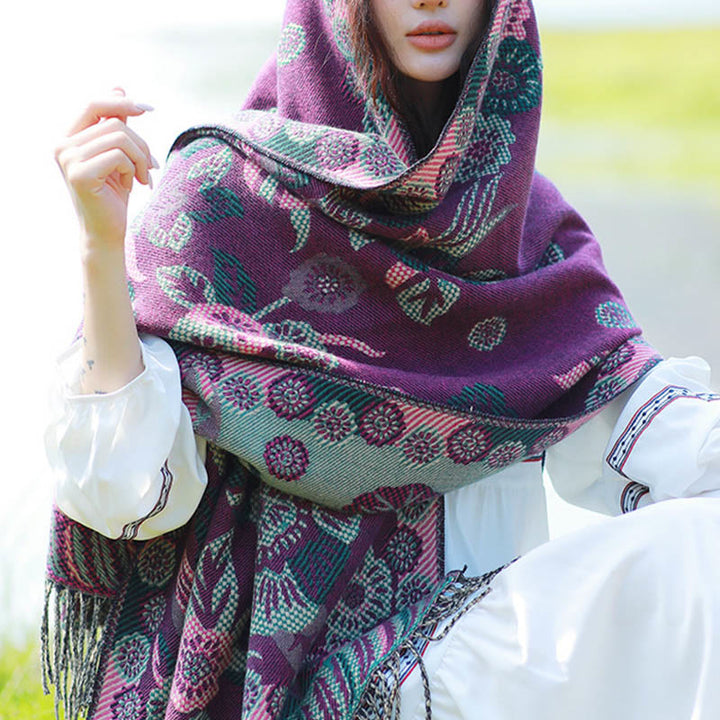 Écharpe thermique douce à pompons en jacquard motif cachemire Buddha Stones et plantes - Fleurs violettes - 70-190 cm - image 28