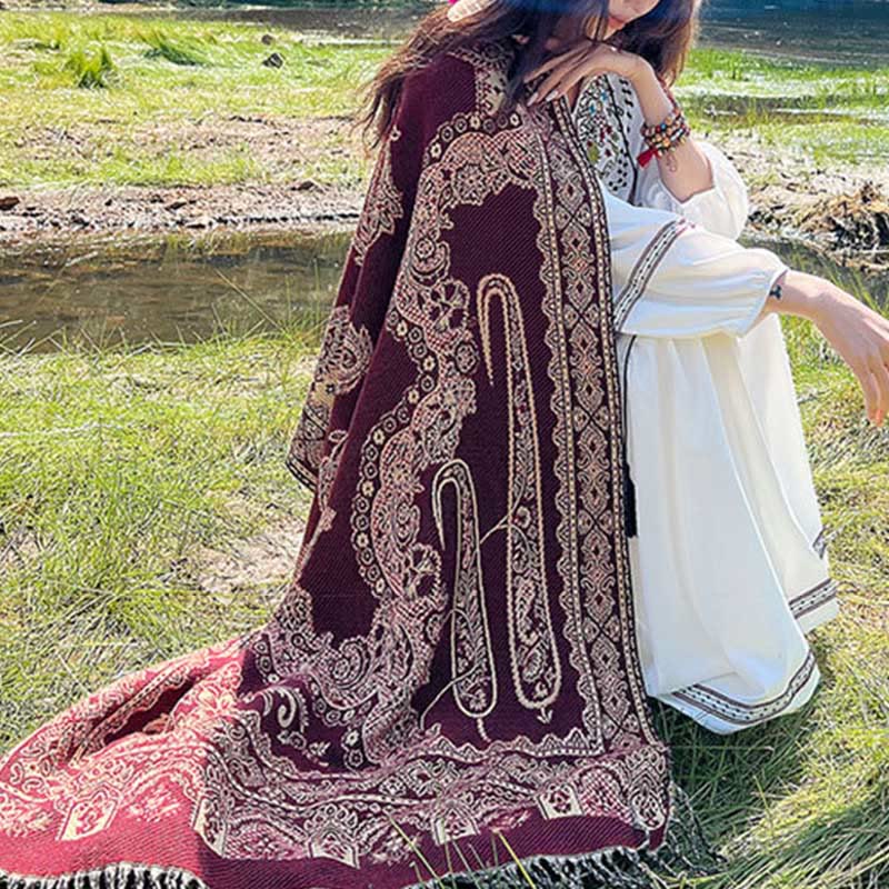 Écharpe thermique douce à pompons en jacquard motif cachemire Buddha Stones et plantes - image 18