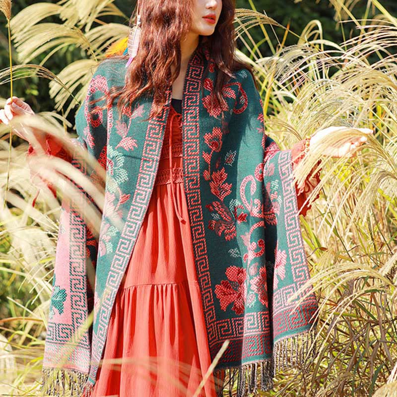 Écharpe thermique douce à pompons en jacquard motif cachemire Buddha Stones et plantes - image 36