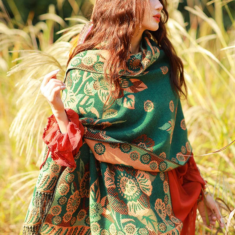 Écharpe thermique douce à pompons en jacquard motif cachemire Buddha Stones et plantes - image 33