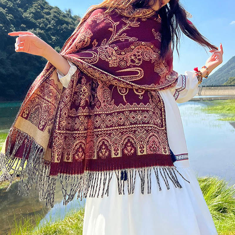 Écharpe thermique douce à pompons en jacquard motif cachemire Buddha Stones et plantes - image 17