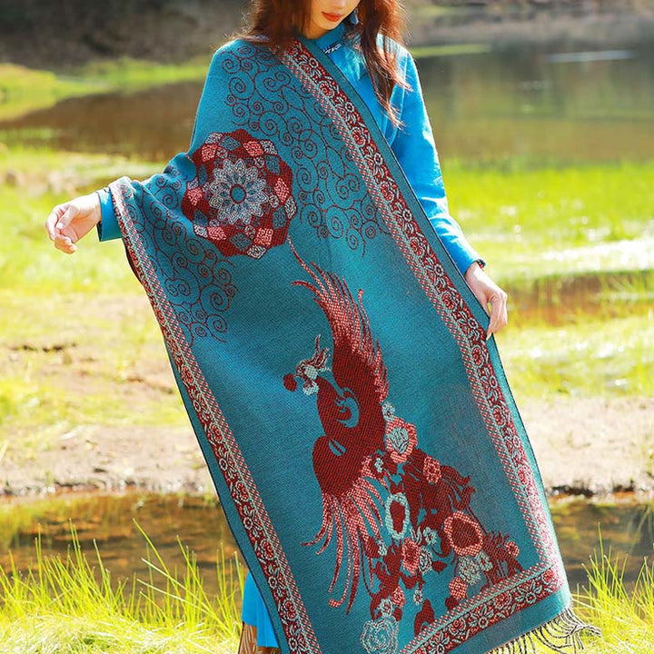 Écharpe thermique douce à pompons en jacquard motif cachemire Buddha Stones et plantes - DarkCyan Vines Oiseau Floral - 70-190 cm - image 45