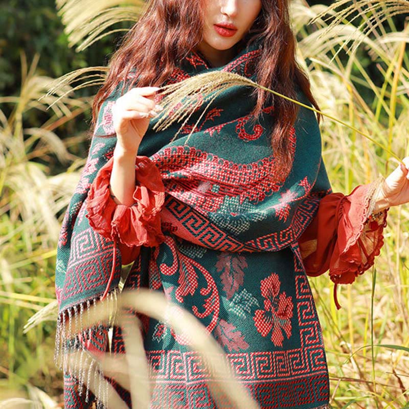 Écharpe thermique douce à pompons en jacquard motif cachemire Buddha Stones et plantes - image 35