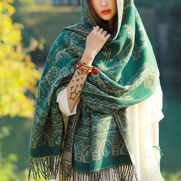 Écharpe thermique douce à pompons en jacquard motif cachemire Buddha Stones et plantes - image 2