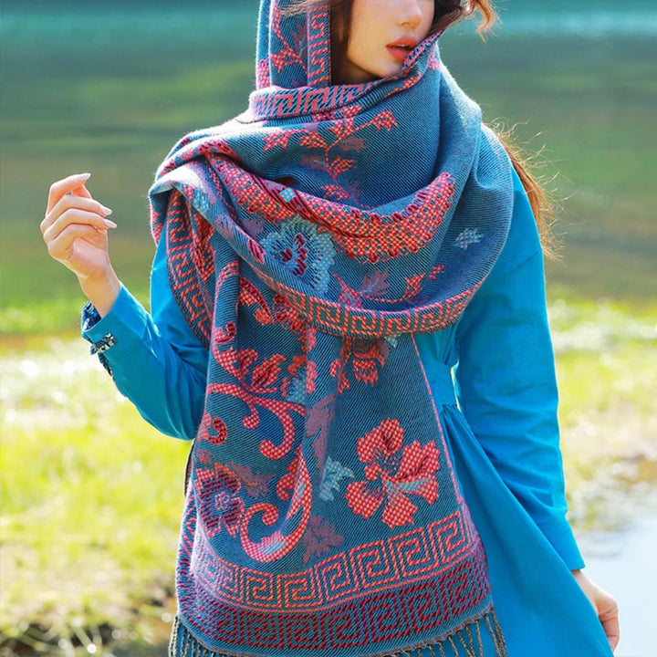 Écharpe thermique douce à pompons en jacquard motif cachemire Buddha Stones et plantes - SteelBlue Floral - 70-190 cm - image 37
