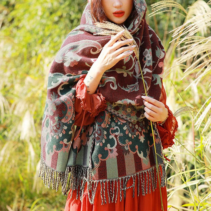 Écharpe thermique douce à pompons en jacquard motif cachemire Buddha Stones et plantes - Paisley rouge foncé - 70-190 cm - image 3