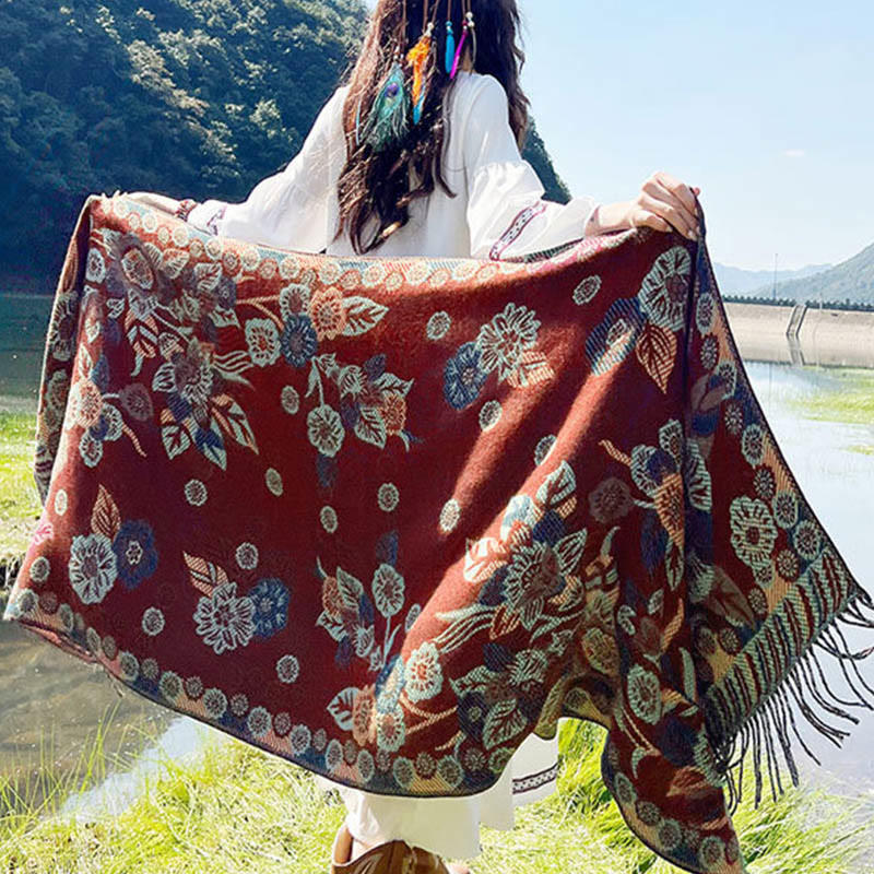 Écharpe thermique douce à pompons en jacquard motif cachemire Buddha Stones et plantes - image 27