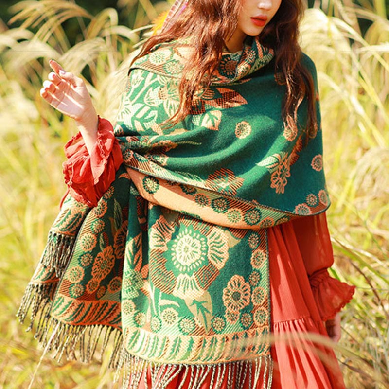 Écharpe thermique douce à pompons en jacquard motif cachemire Buddha Stones et plantes - image 32