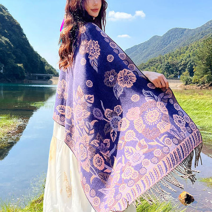 Écharpe thermique douce à pompons en jacquard motif cachemire Buddha Stones et plantes - image 24