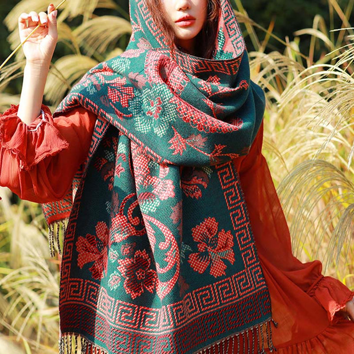 Écharpe thermique douce à pompons en jacquard motif cachemire Buddha Stones et plantes - Floral DarkCyan - 70-190 cm - image 34