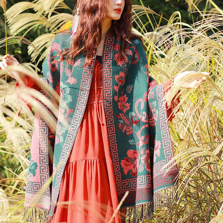 Écharpe thermique douce à pompons en jacquard motif cachemire Buddha Stones et plantes - image 36