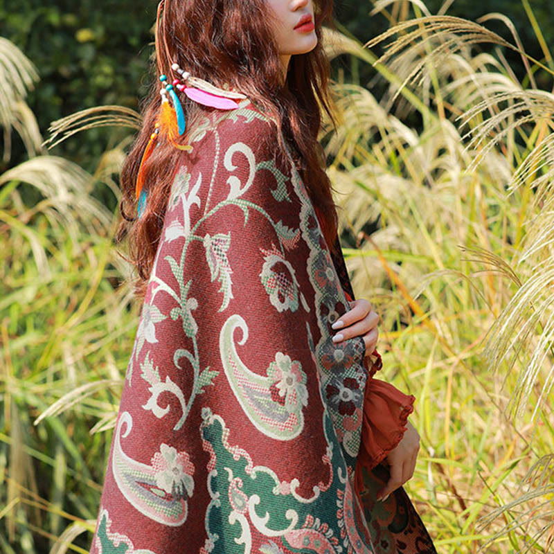 Écharpe thermique douce à pompons en jacquard motif cachemire Buddha Stones et plantes - image 4