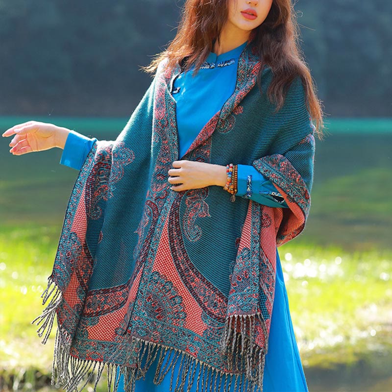 Écharpe thermique douce à pompons en jacquard motif cachemire Buddha Stones et plantes - Paisley DarkCyan - 70-190 cm - image 43