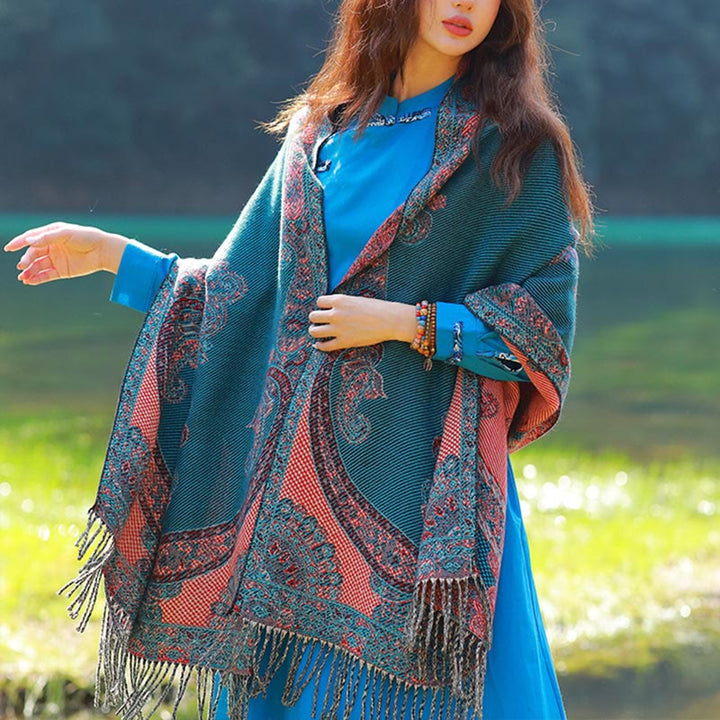 Écharpe thermique douce à pompons en jacquard motif cachemire Buddha Stones et plantes - Paisley DarkCyan - 70-190 cm - image 43