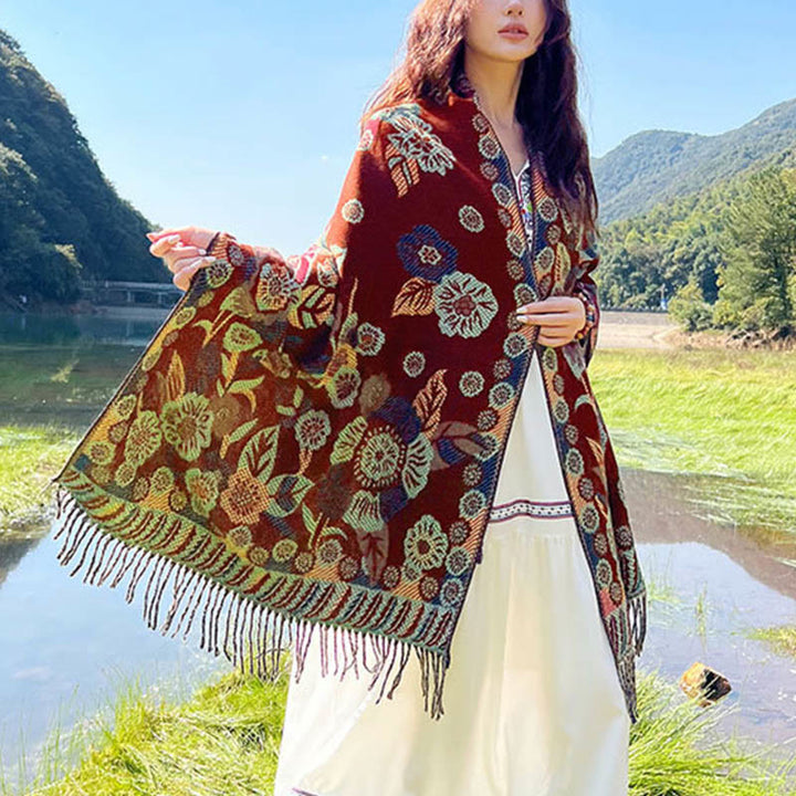 Écharpe thermique douce à pompons en jacquard motif cachemire Buddha Stones et plantes - image 26