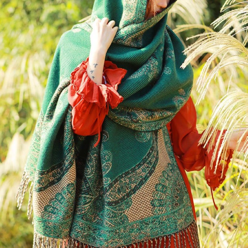 Écharpe thermique douce à pompons en jacquard motif cachemire Buddha Stones et plantes - Motif cachemire vert d'eau - 70-190 cm - image 44