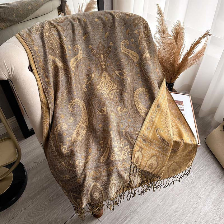 Écharpe-châle à motif floral cachemire printanier Buddha Stones avec pompons - verge d'or - 195 x 70 cm - image 12