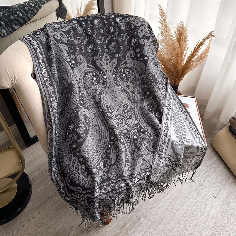 Écharpe châle à motif cachemire floral printanier Buddha Stones avec pompons - Gris foncé - 195*70cm - image 8