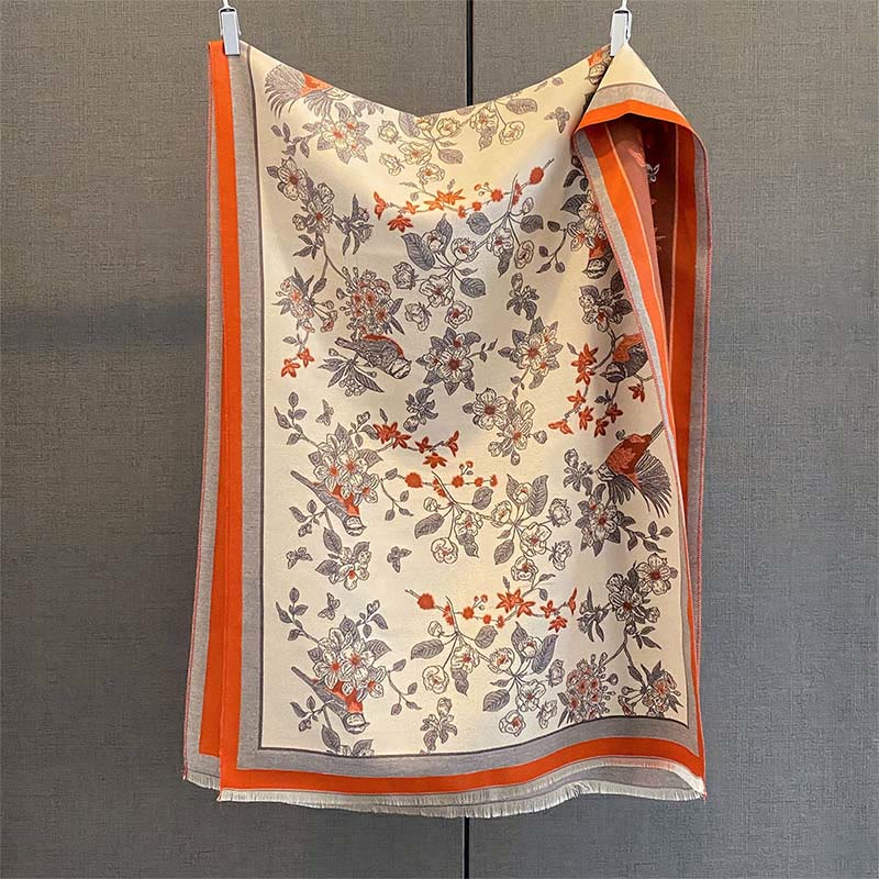 Buddha Stones Commute Fleurs Oiseau Motif Couleur Contraste Design Glands Cosy Doux Écharpe Châle - Orange foncé - 190*65 cm - image 9