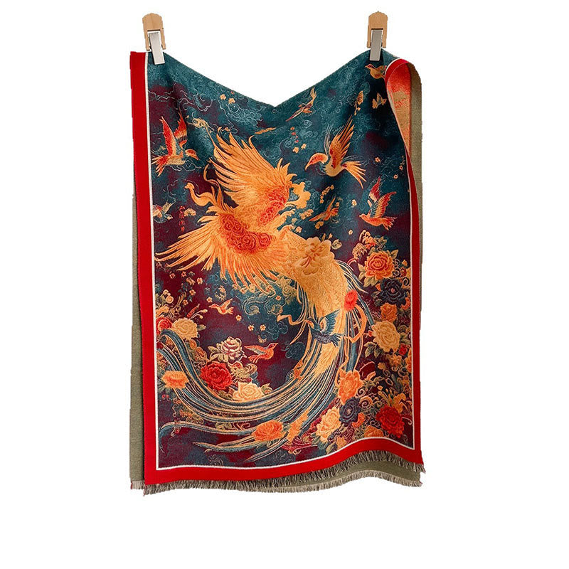 Écharpe douce et thermique à pompons avec motifs de fleurs, de phénix et d'oiseaux en hiver - image 5