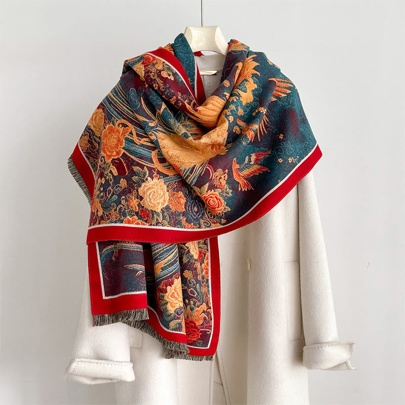 Écharpe douce et thermique à pompons avec motifs de fleurs, de phénix et d'oiseaux en hiver - Sarcelle - 180 x 65 cm - image 0