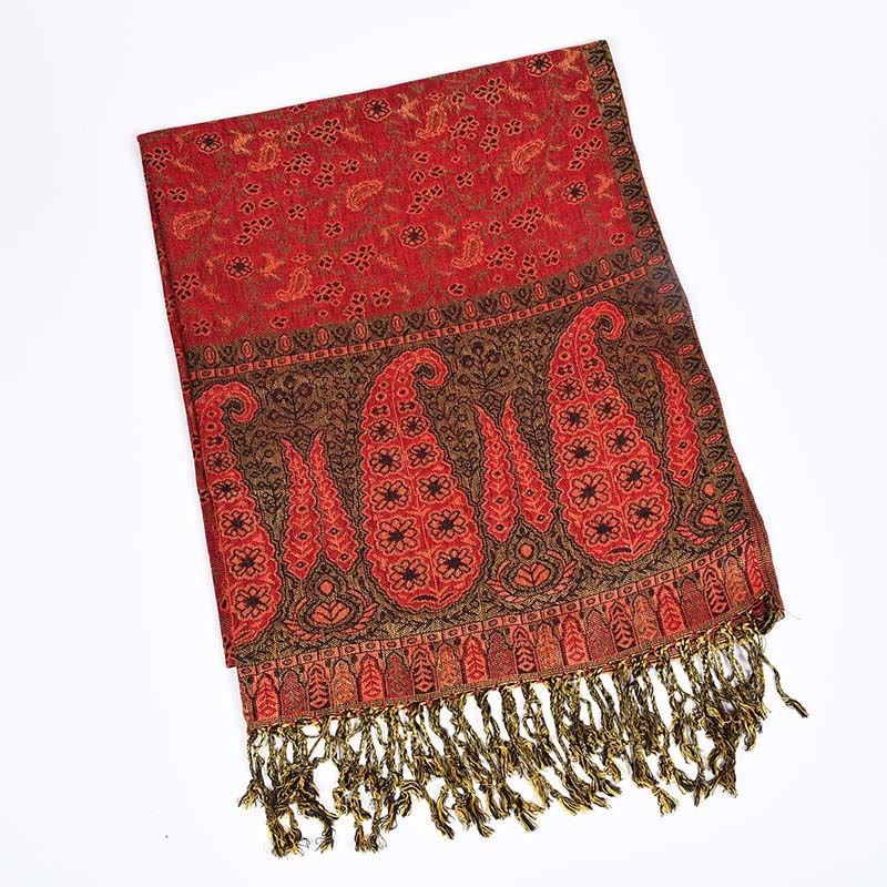 Écharpe Buddha Stones à pompons en jacquard et patchwork de couleurs contrastées - Rouge - image 6