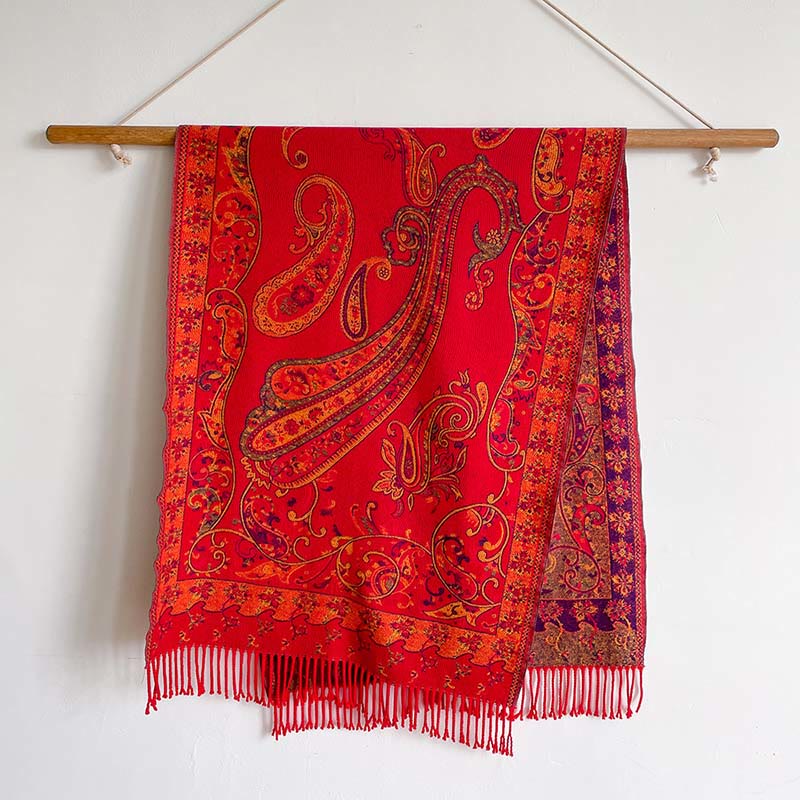Écharpe châle douillette à pompons et motif floral cachemire thermique pour trajets d'hiver Buddha Stones - Rouge - 200*65cm - image 8