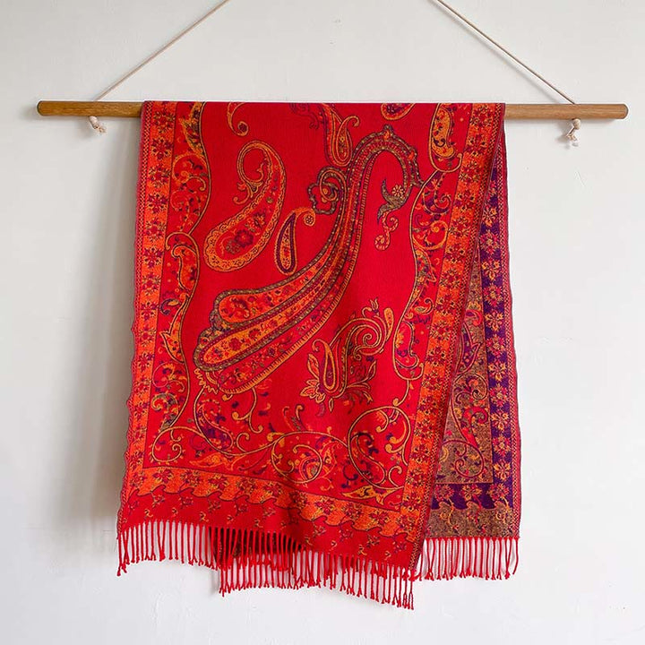 Écharpe châle douillette à pompons et motif floral cachemire thermique pour trajets d'hiver Buddha Stones - Rouge - 200*65cm - image 8