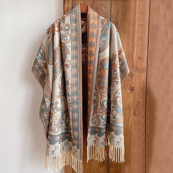 Écharpe châle douillette à pompons et motif floral cachemire thermique pour trajets d'hiver Buddha Stones - Lin - 200 x 65 cm - image 0