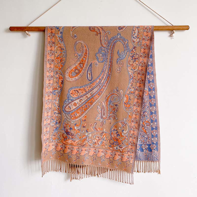 Écharpe châle douillette à pompons et motif floral cachemire thermique pour trajets d'hiver Buddha Stones - SandyBrown - 200*65cm - image 12