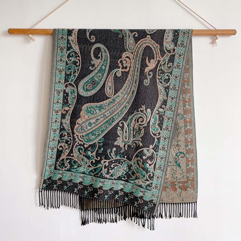 Écharpe châle douillette à pompons et motif floral cachemire thermique pour trajets d'hiver Buddha Stones - Noir - 200 x 65 cm - image 5