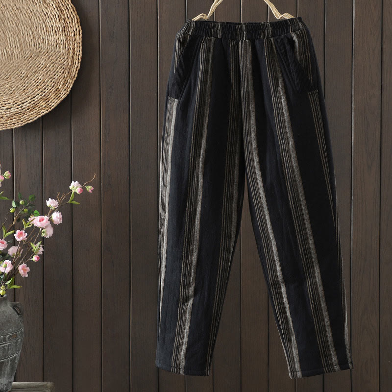 Pantalon harem rayé thermique en coton pour femme Buddha Stones Commute avec poches - Noir - US8-10，UK/AU12-14，EU40-42 (2XL) - image 9