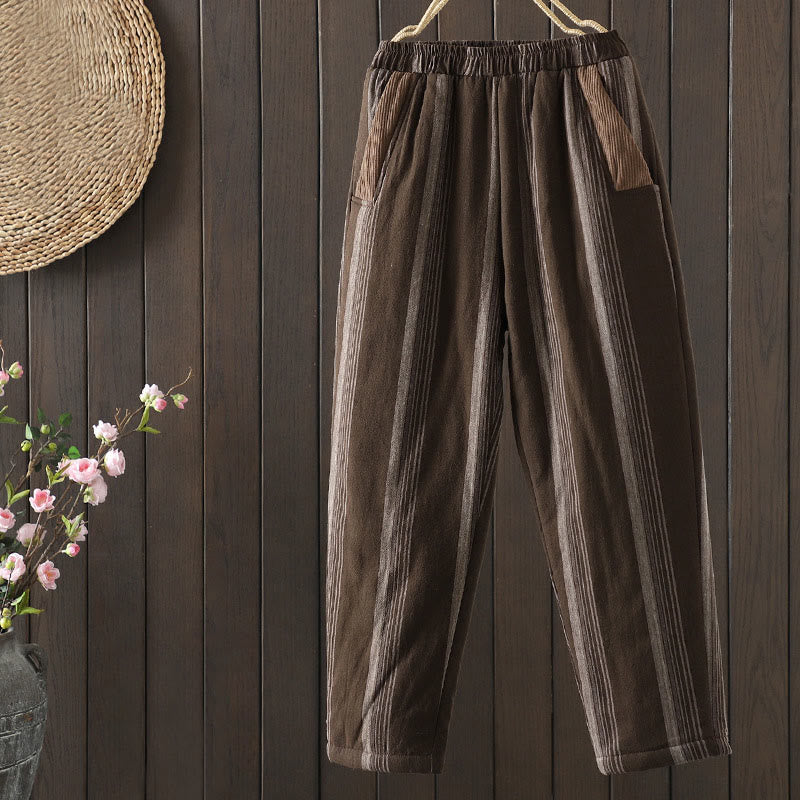 Pantalon sarouel rembourré en velours côtelé de coton à rayures thermiques Buddha Stones Commute pour femme avec poches - SaddleBrown - US8-10，UK/AU12-14，EU40-42 (2XL) - image 0