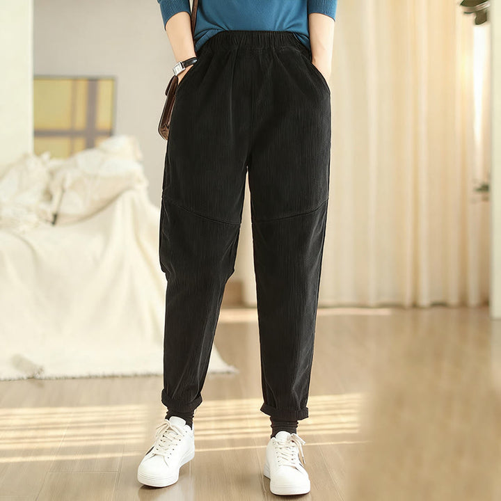 Pantalon sarouel en velours côtelé de coton uni Buddha Stones pour femme, doublé polaire thermique avec poches - Noir - US12，UK/AU16，EU44 (3XL) - image 13