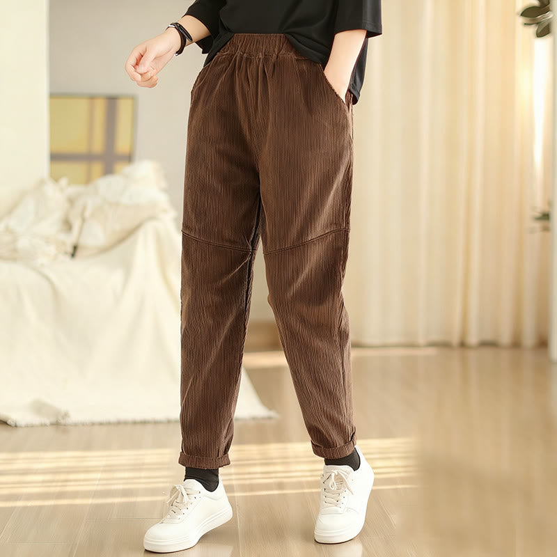 Pantalon sarouel en velours côtelé de coton uni Buddha Stones pour femme, doublé polaire thermique avec poches - SaddleBrown - US12，UK/AU16，EU44 (3XL) - image 9