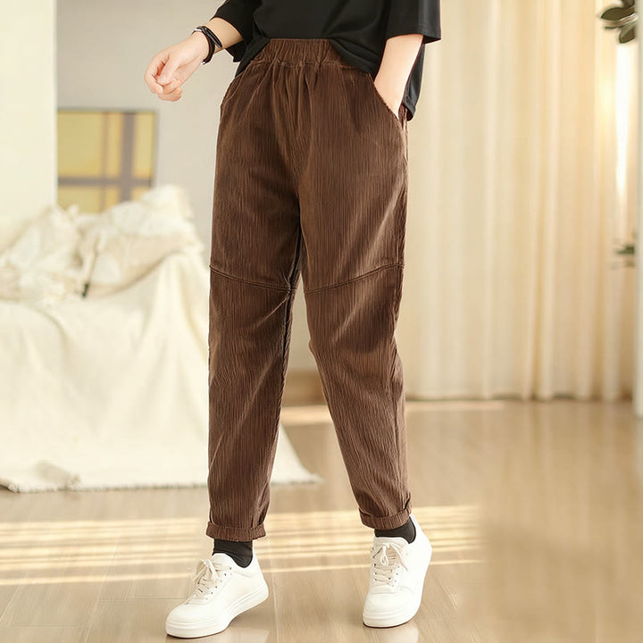Pantalon sarouel en velours côtelé de coton uni Buddha Stones pour femme, doublé polaire thermique avec poches - SaddleBrown - US12，UK/AU16，EU44 (3XL) - image 9