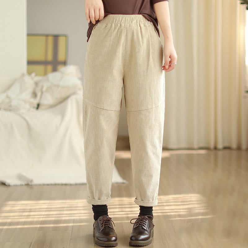 Pantalon sarouel en velours côtelé de coton uni Buddha Stones pour femme, doublé polaire thermique avec poches - Beige - US12，UK/AU16，EU44 (3XL) - image 0