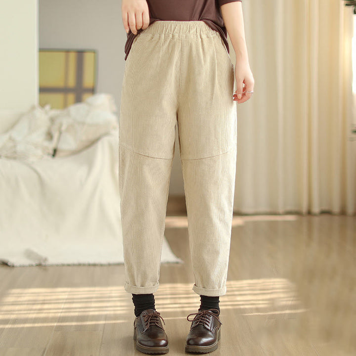 Pantalon sarouel en velours côtelé de coton uni Buddha Stones pour femme, doublé polaire thermique avec poches - Beige - US12，UK/AU16，EU44 (3XL) - image 0