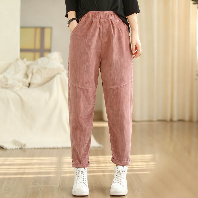 Pantalon sarouel en velours côtelé de coton uni Buddha Stones pour femme, doublé polaire thermique avec poches - Saumon foncé - US12，UK/AU16，EU44 (3XL) - image 4