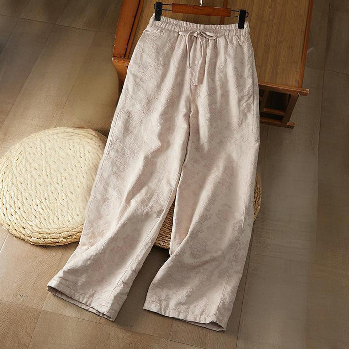 Pantalon d'hiver en coton à jambes larges et poches pour femme, motif floral, motif jacquard thermique Buddha Stones - Blanc antique - US8-10，UK/AU12-14，EU40-42 (2XL) - image 7