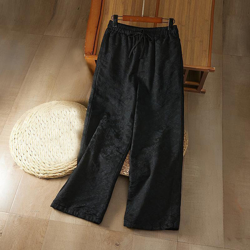 Pantalon d'hiver en coton à jambes larges et poches pour femme, motif floral, motif jacquard thermique Buddha Stones - Noir - US8-10，UK/AU12-14，EU40-42 (2XL) - image 0