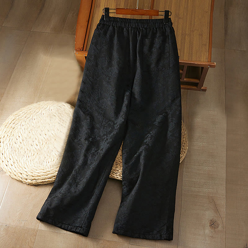 Pantalon d'hiver en coton à jambes larges et poches pour femme, motif floral, motif jacquard thermique Buddha Stones - image 1