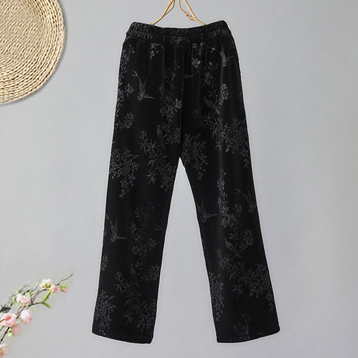 Pantalon large en coton doublé polaire avec poches et motif jacquard taille haute Buddha Stones pour femme - image 9